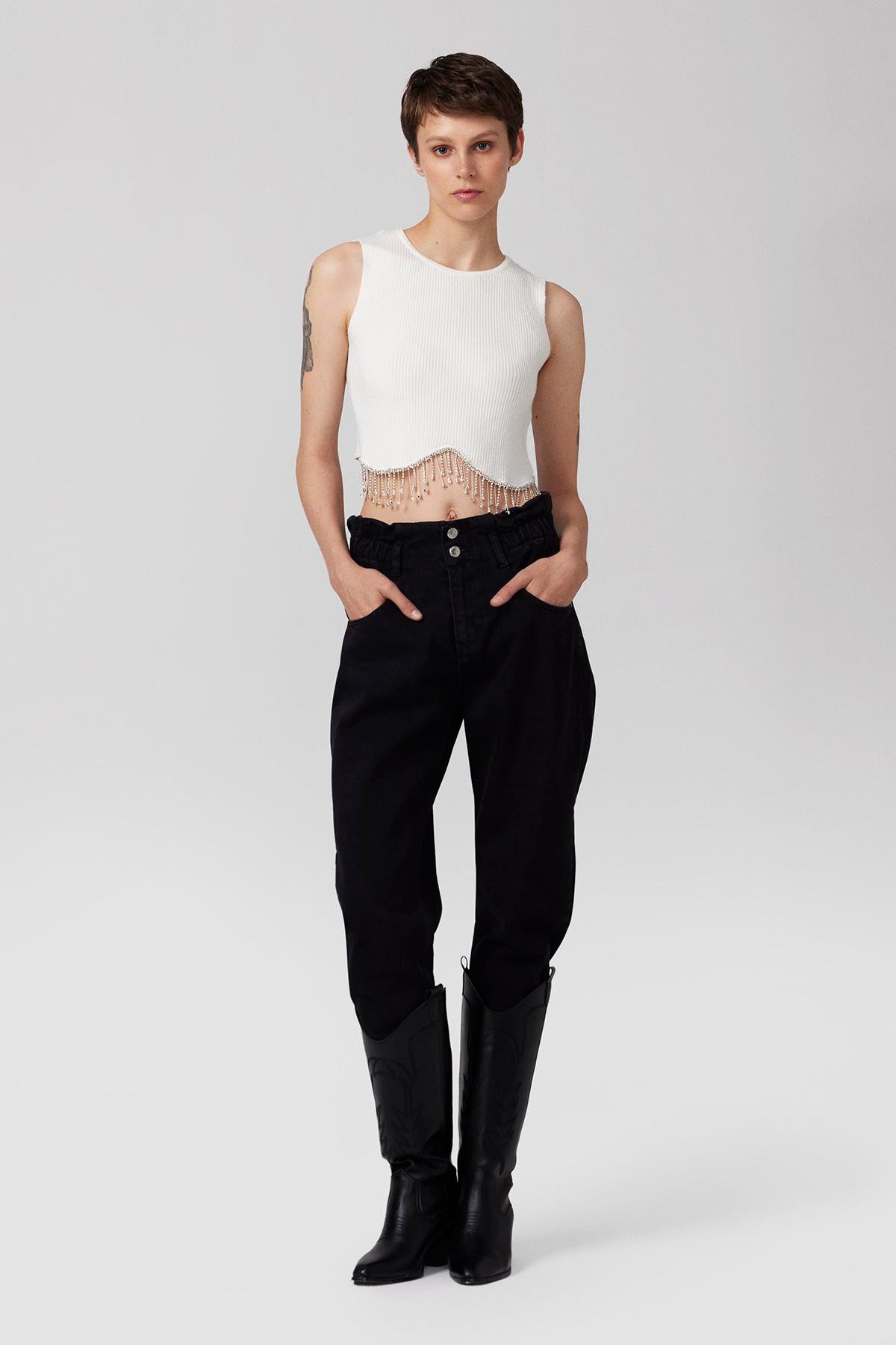 Parlak Taşlı Halter Yakalı Top Crop - Beyaz-15484-Beyaz