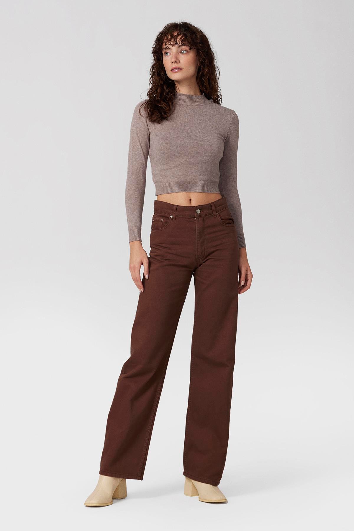 Yüksek Bel Jeans Pantolon-Kahverengi -30100-Kahverengi 