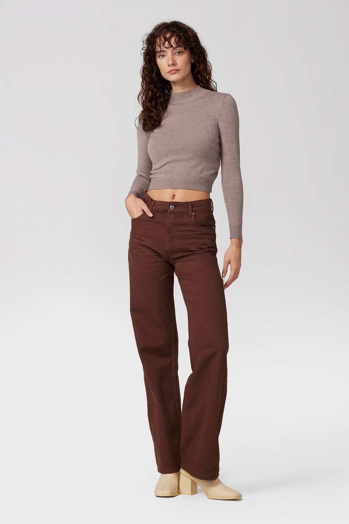 Yüksek Bel Jeans Pantolon-Kahverengi -30100-Kahverengi 