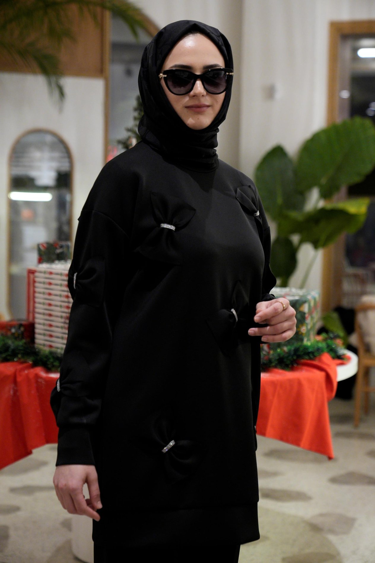 Fiyonklu Scuba Tunik Pantolon Siyah Takım