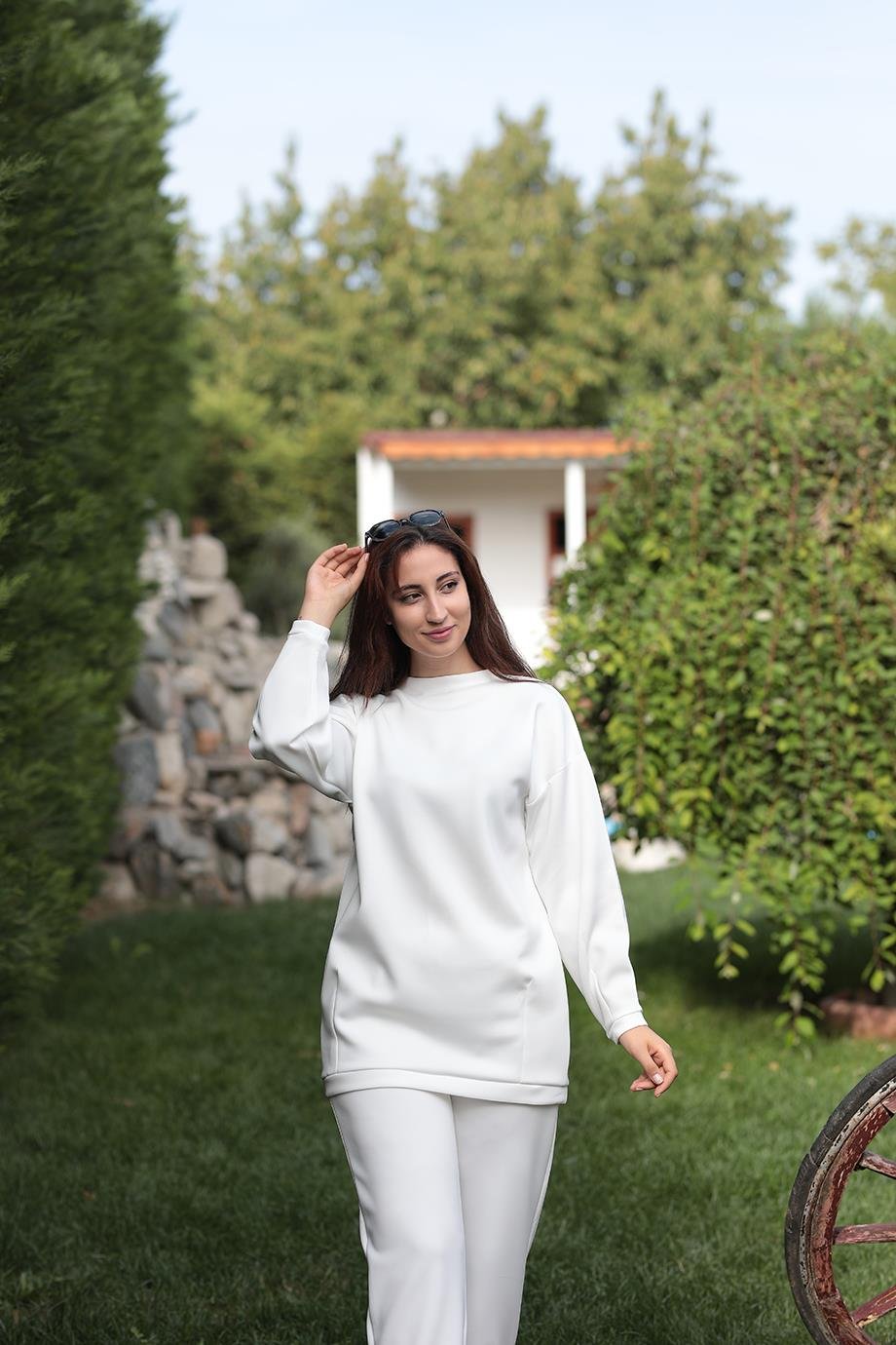 Rahat Scuba Tunik Pantolon Ekru Beyaz İkili Takım