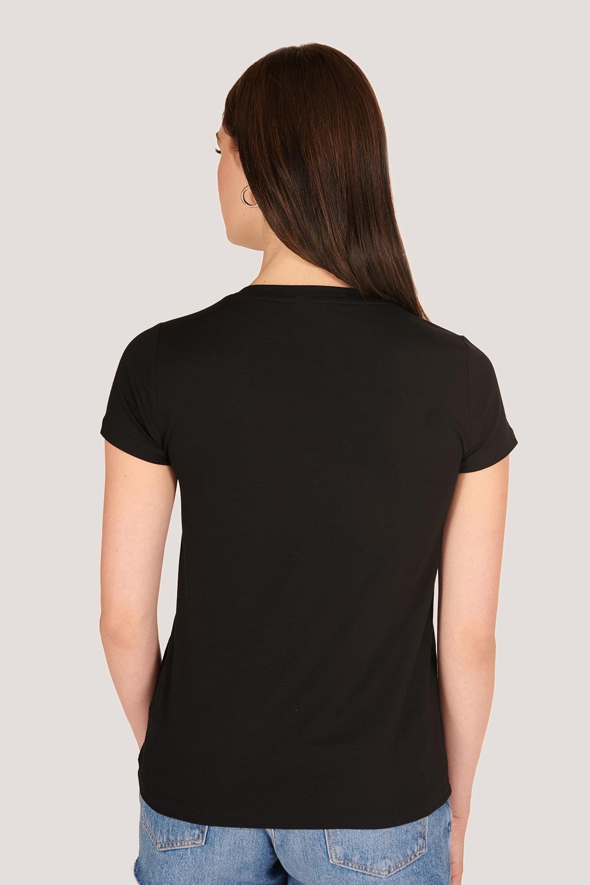 P-004954 - Kadın V Yaka Kısa Kollu Örme T-Shirt - SİYAH