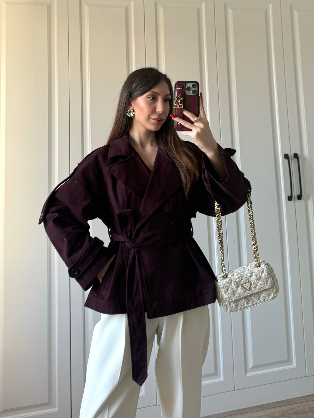 Gabardin Kuşaklı Kısa Bordo Trenç