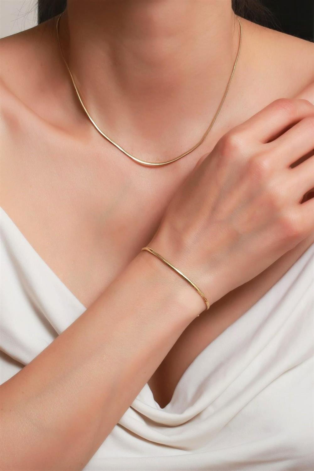14K Solid Gold Herringbone Chain Necklace and Bracelet Set