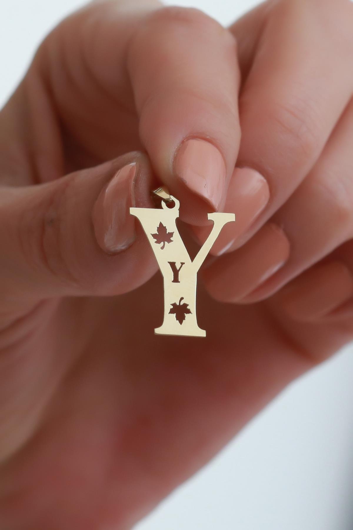 14K Solid Gold Plane Tree Leaf Letter Y Pendant