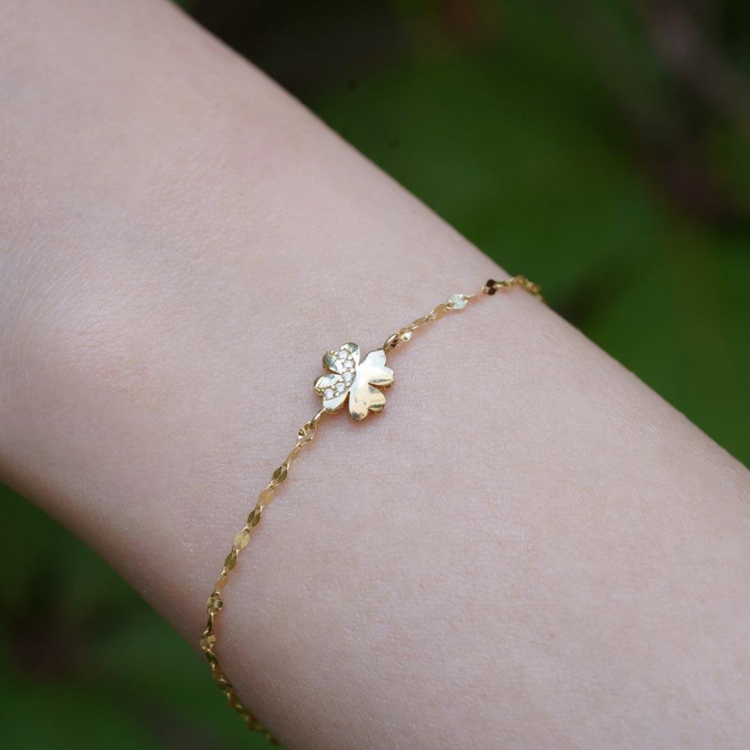 14K Gold Four Leaf Stone Clover Chain Bracelet