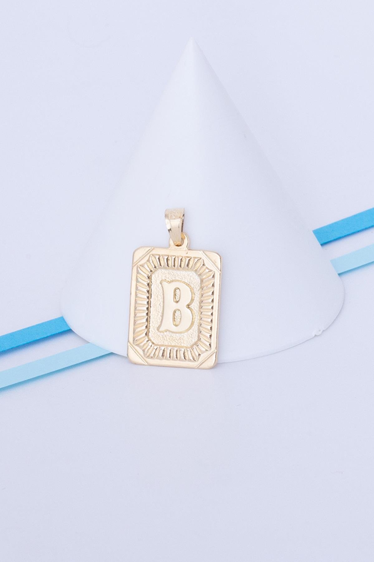 14K Solid Gold Square Vintage B Letter Pendant