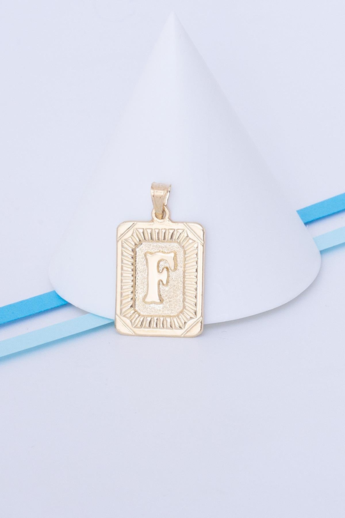 14K Solid Gold Square Vintage F Letter Pendant