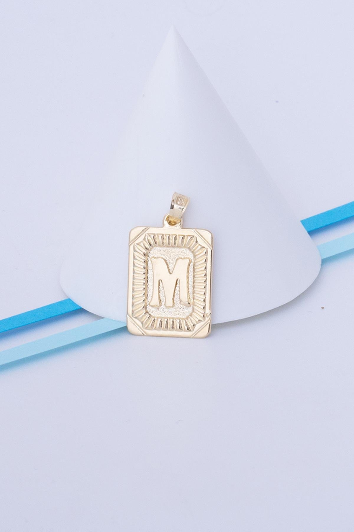 14K Solid Gold Square Vintage M Letter Pendant