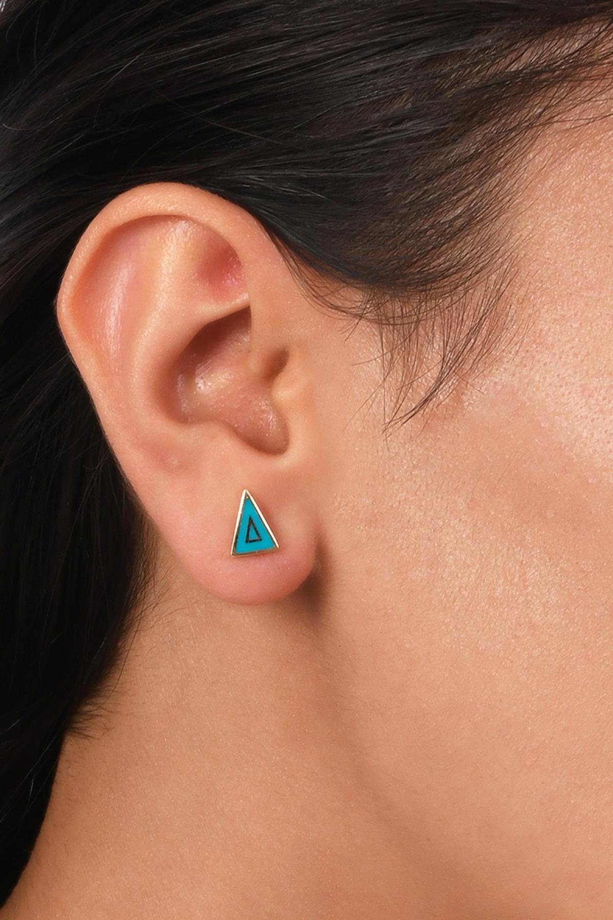 14K Solid Gold Blue Enamel Triangle Earrings