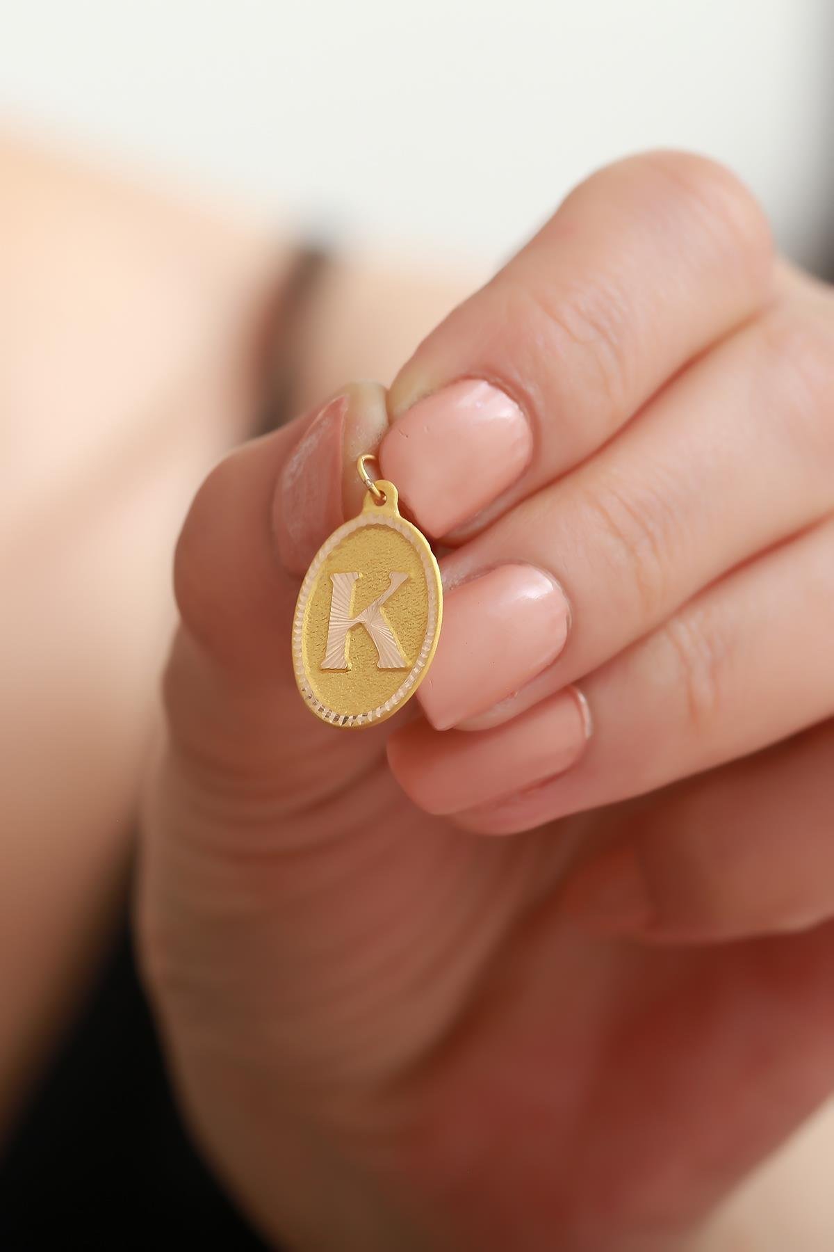 14K Solid Gold Nostalgic Oval K Letter Pendant