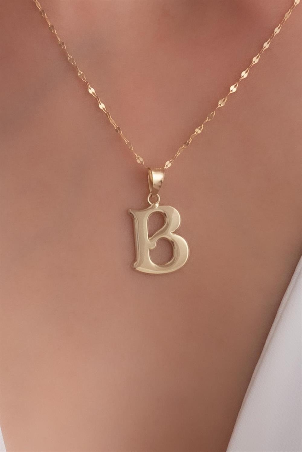 14K Solid Gold B Letter Cute Necklace