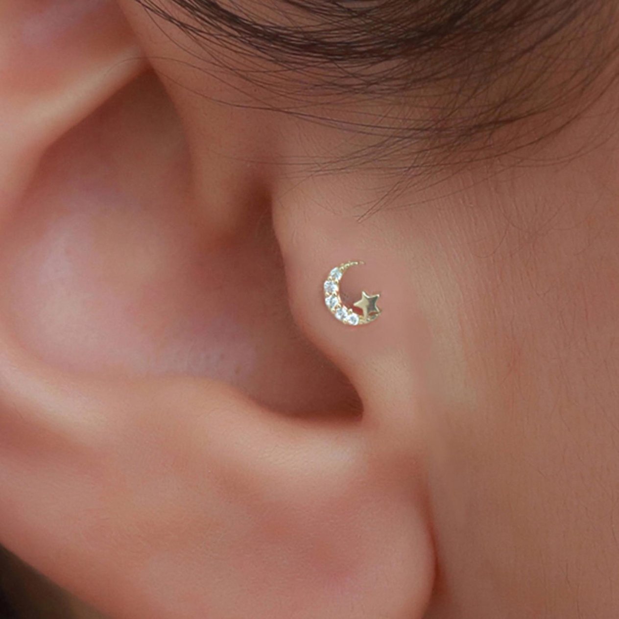 14 Ayar Altın Taşlı Ay Yıldız Tragus Piercing