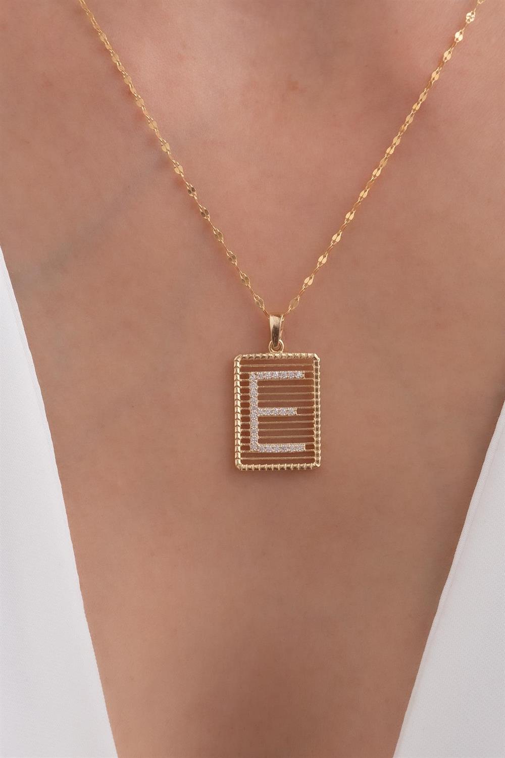 14K Solid Gold Letter E Wire Stone Necklace