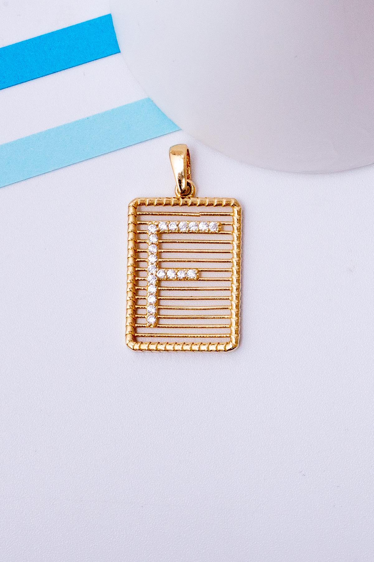 14K Solid Gold Stone Wire F Letter Pendant