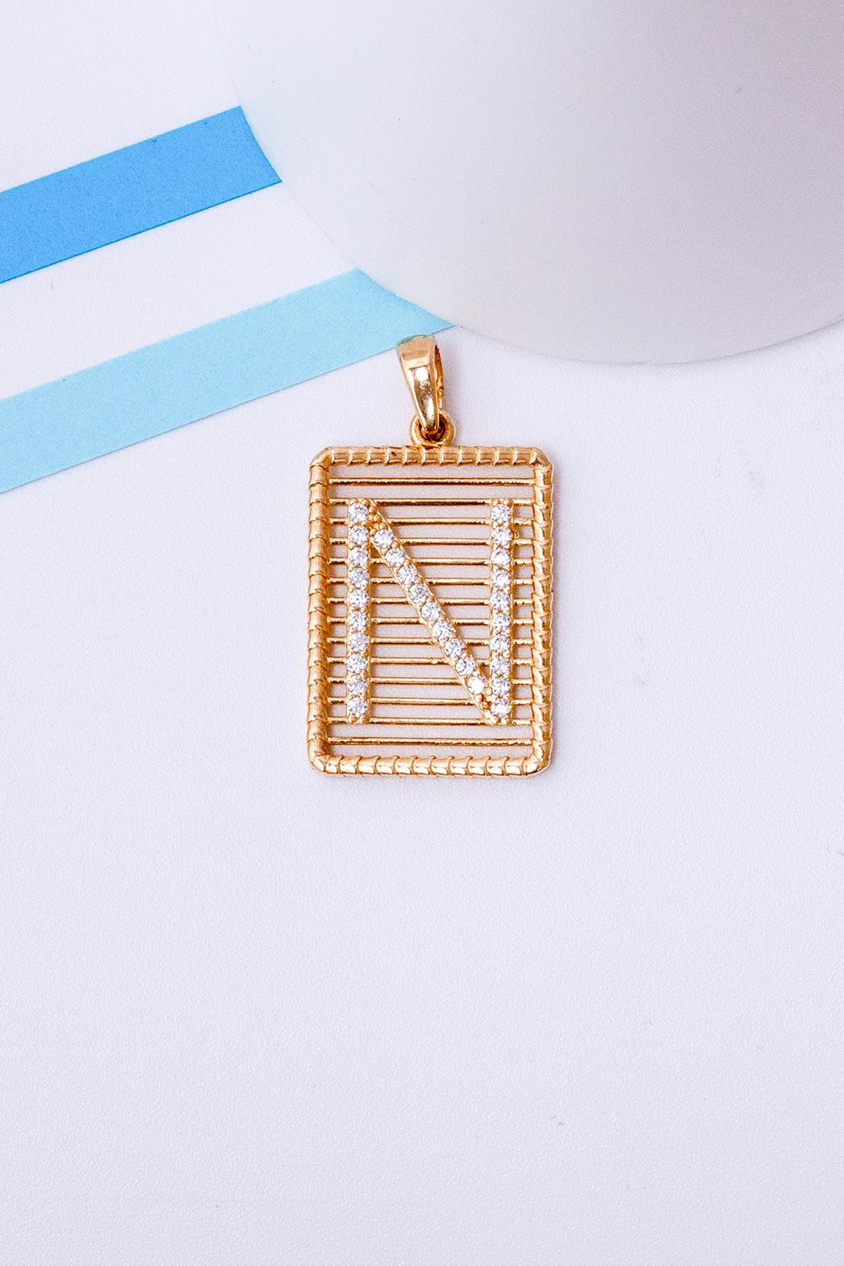 14K Solid Gold Stone Wire N Letter Pendant