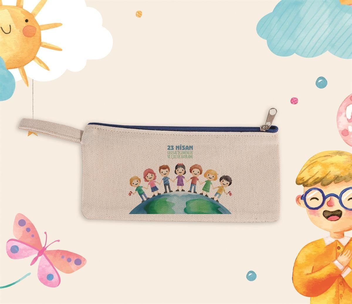 23 Nisan Baskılı Renkli Fermuar Bez Kalemlik/Clutch 21x10cm Mavi No3