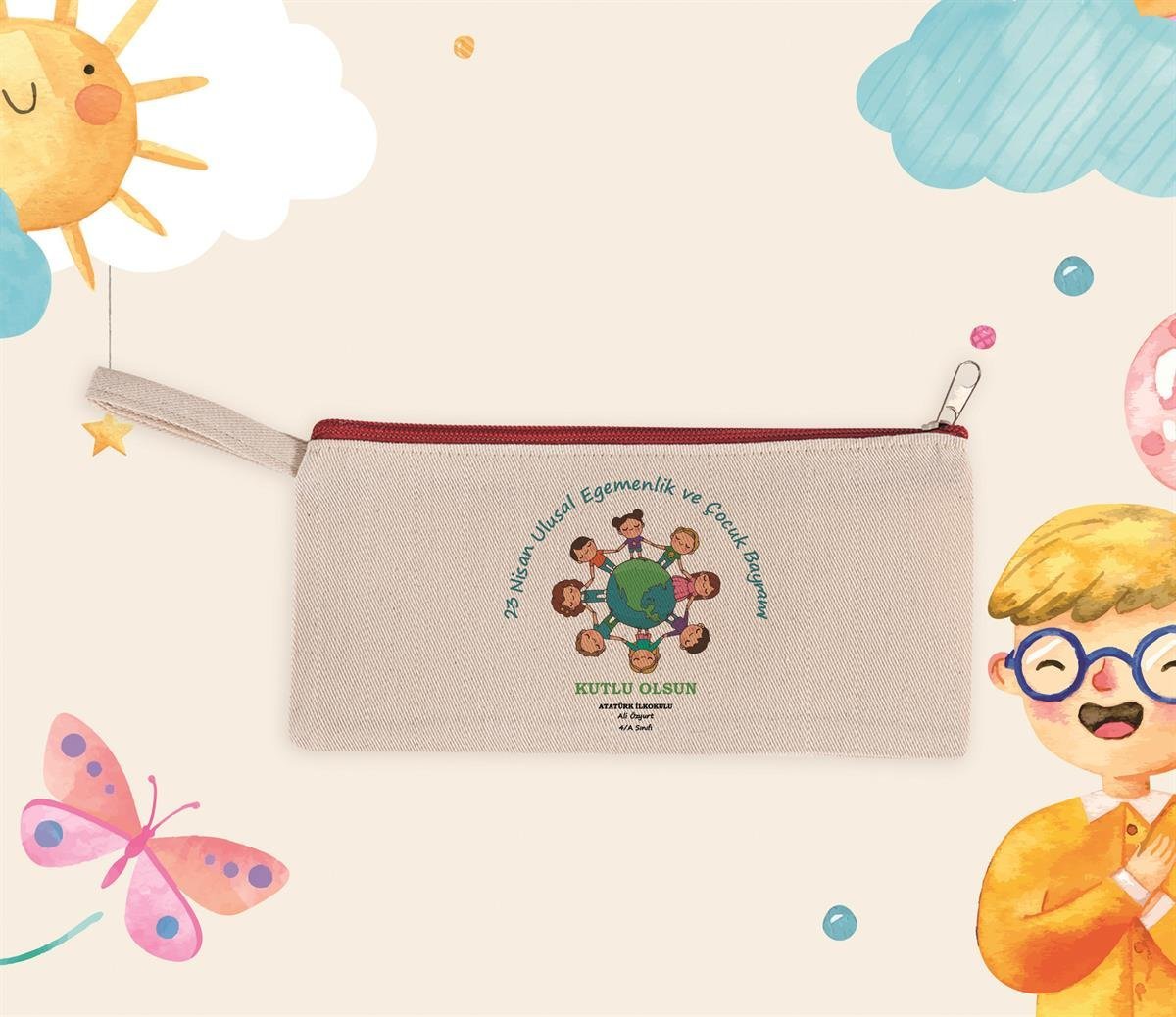 23 Nisan Baskılı Renkli Fermuar Bez Kalemlik/Clutch 21x10cm Kırmızı No5
