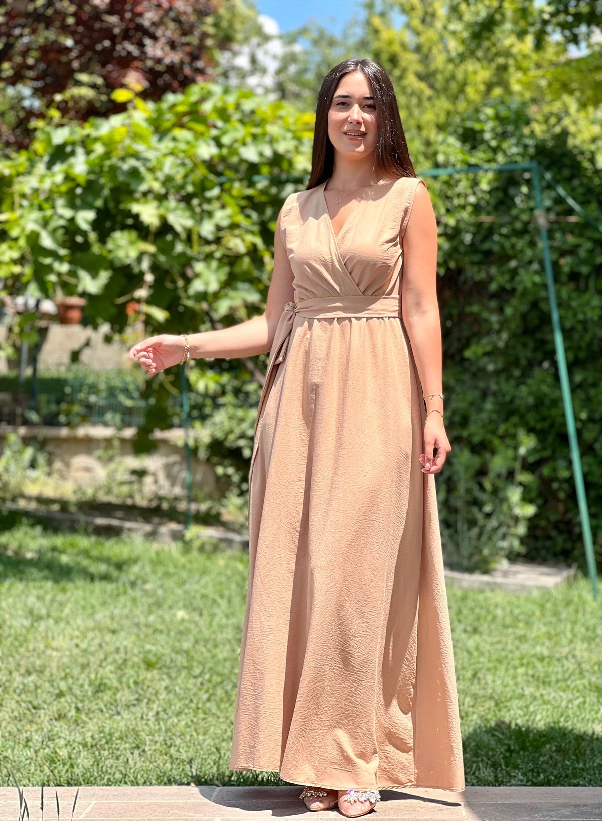 Camel Helen Uzun Poplin Kumaş Elbise