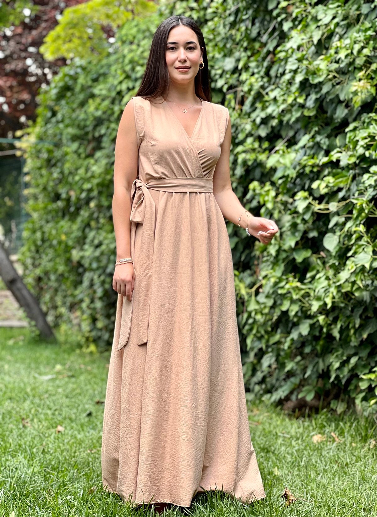 Camel Helen Uzun Poplin Kumaş Elbise