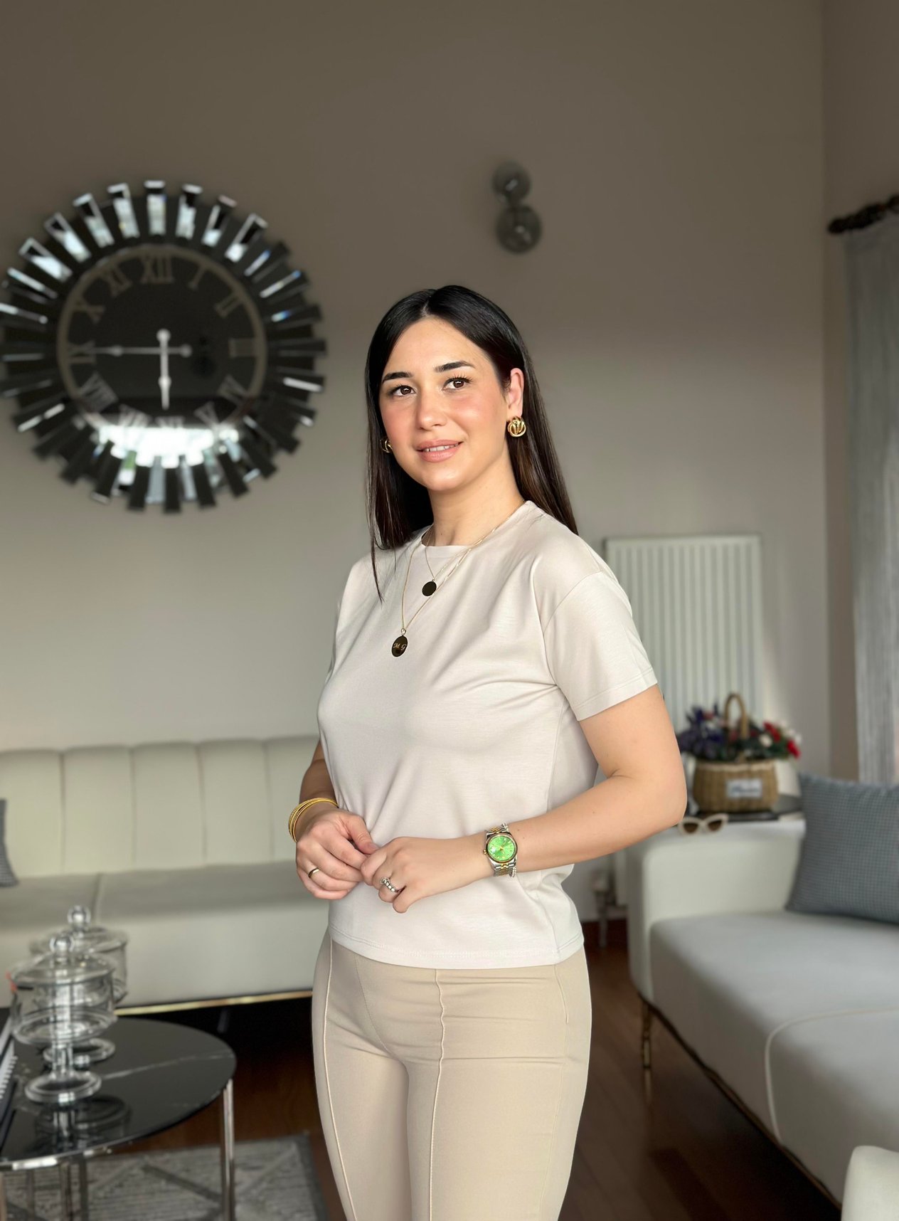 Kırışmaz Kumaş Sıfır Yaka Bej Renk Şık Kısa Kol Bluz