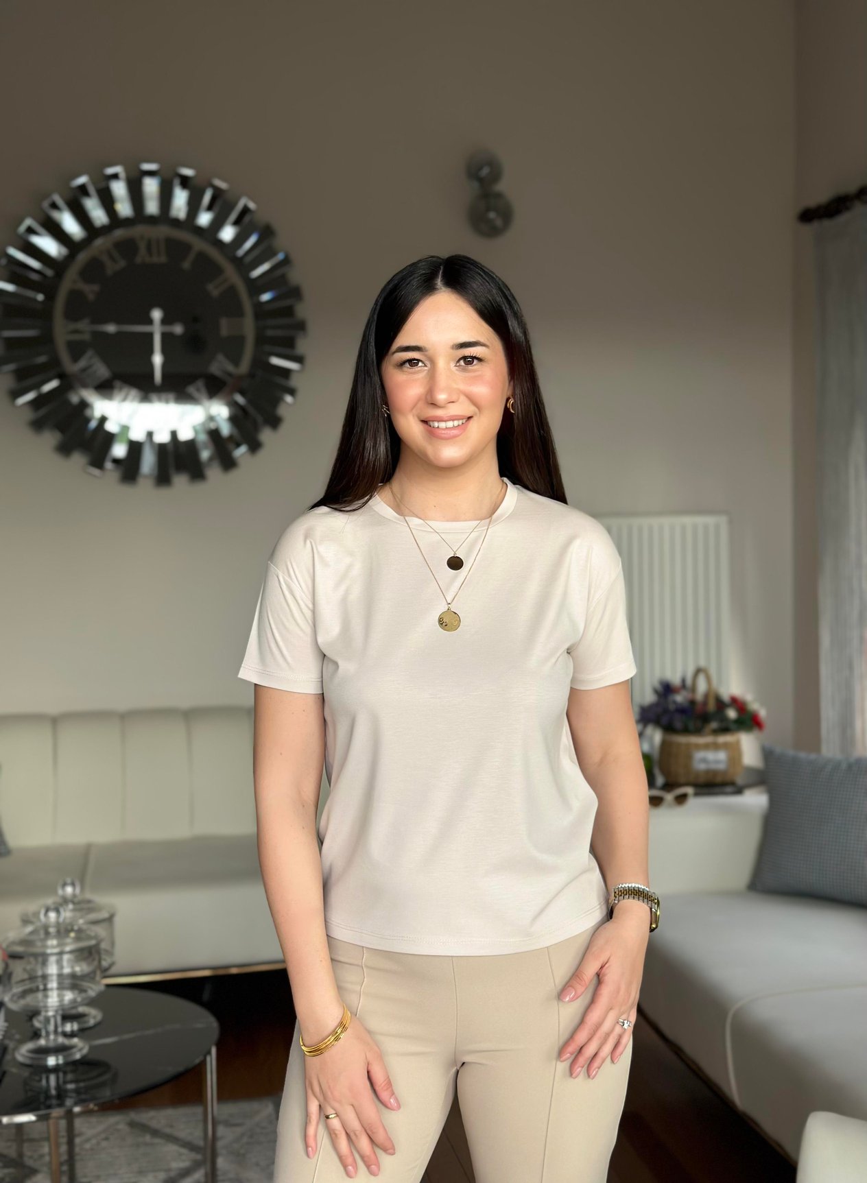 Kırışmaz Kumaş Sıfır Yaka Bej Renk Şık Kısa Kol Bluz