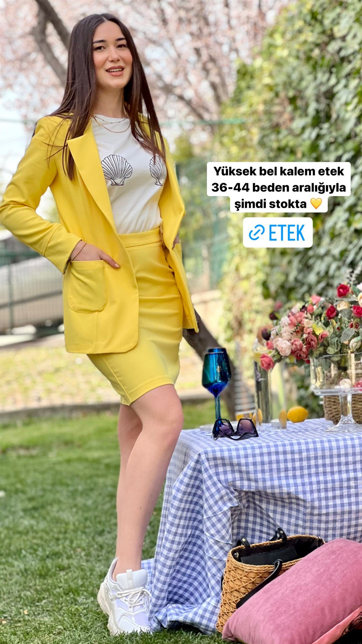 Sarı Yüksek Bel Diz Üstü Likralı Pamuklu Şık Kumaş Kalem Etek