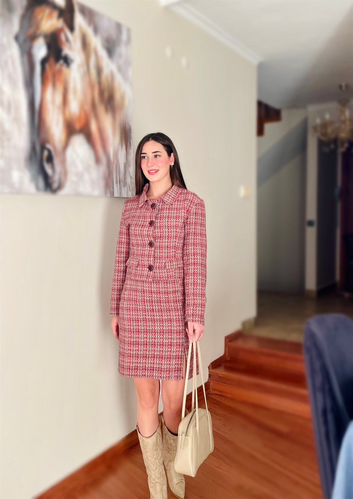 Tüvit Blazer Ceket ve Yırtmaçlı Etek Takım