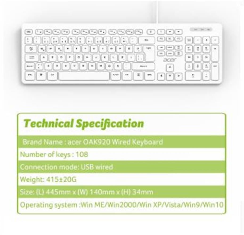 Acer OAK920 1.8m Kablolu Klavye-Tek Tuş Hesap Makinalı Beyaz