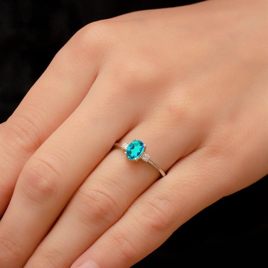 0.12 Karat Pırlanta Mavi Topaz Yüzük - Goldstore