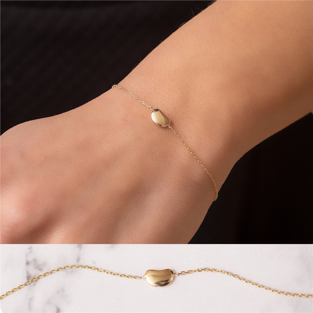 Goldstore-14k 18k Gold  Little Bean Bracelet, Gold bean Bracelet in Yellow White or Rose Gold. Gift for Her.