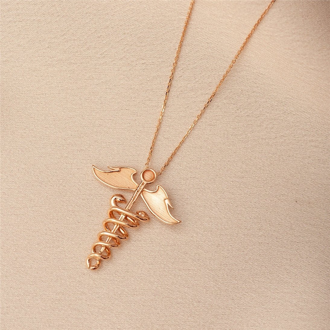 Goldstore-14K 18K Solid Gold Caduceus Necklace, Caduceus Symbol of Medicine Charm Real Gold Pendant Necklace, Nursing Caduceus Gold Necklace Gift For