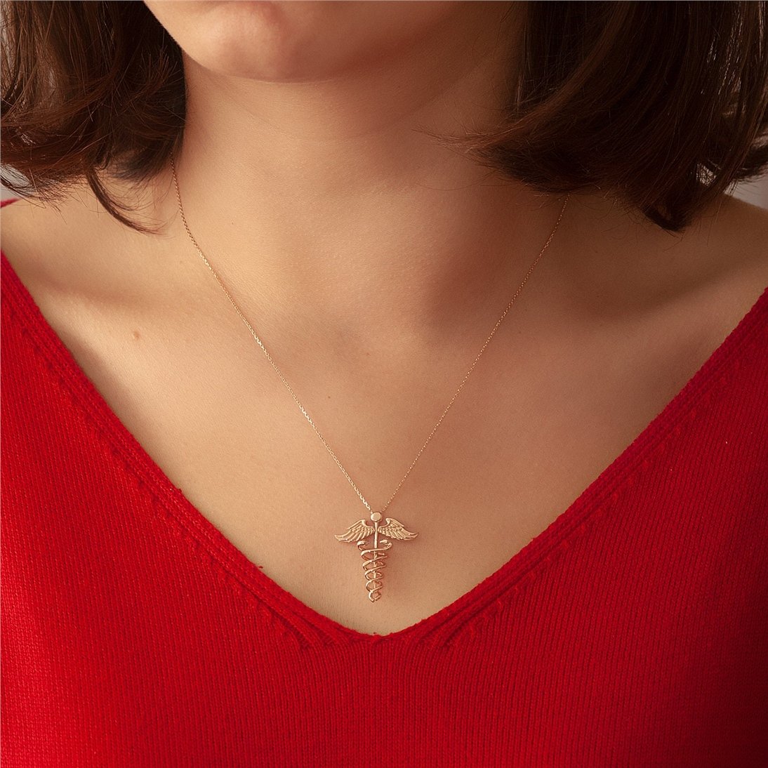 Goldstore-14K 18K Solid Gold Caduceus Necklace, Caduceus Symbol of Medicine Charm Real Gold Pendant Necklace, Nursing Caduceus Gold Necklace Gift For