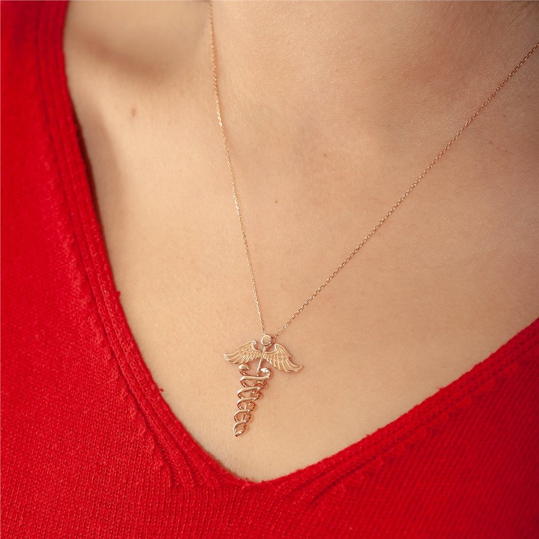 Goldstore-14K 18K Solid Gold Caduceus Necklace, Caduceus Symbol of Medicine Charm Real Gold Pendant Necklace, Nursing Caduceus Gold Necklace Gift For