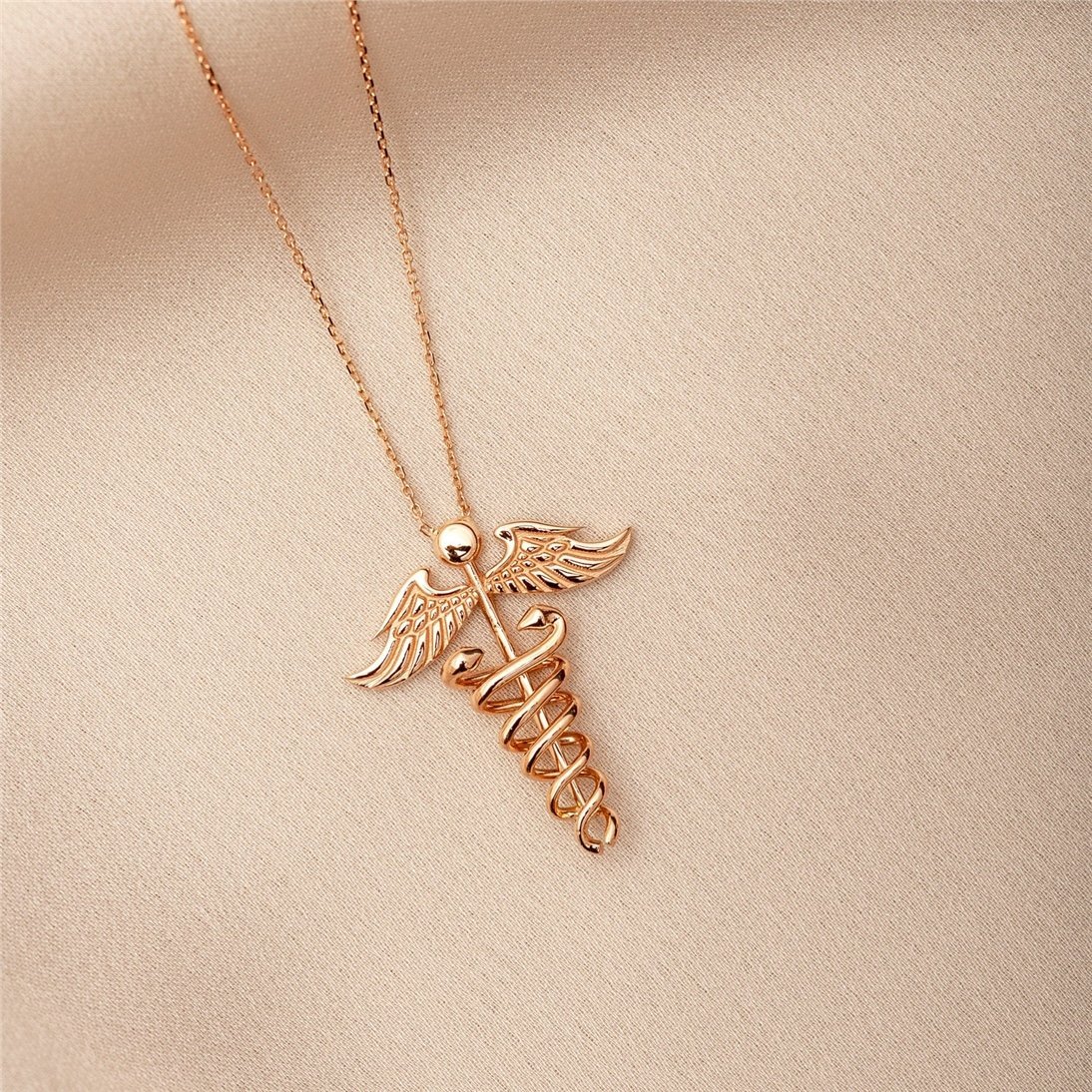 Goldstore-14K 18K Solid Gold Caduceus Necklace, Caduceus Symbol of Medicine Charm Real Gold Pendant Necklace, Nursing Caduceus Gold Necklace Gift For