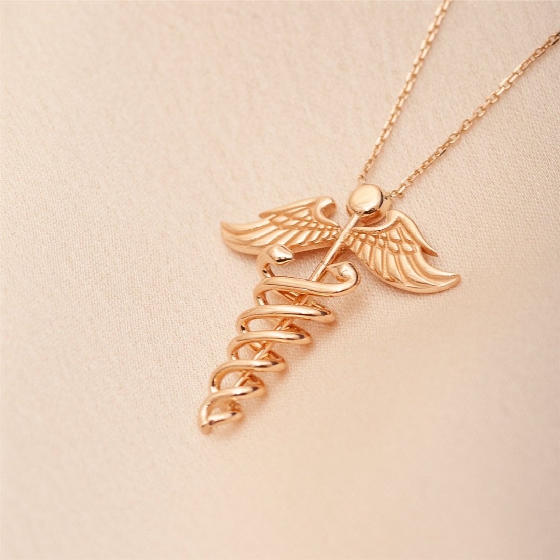 Goldstore-14K 18K Solid Gold Caduceus Necklace, Caduceus Symbol of Medicine Charm Real Gold Pendant Necklace, Nursing Caduceus Gold Necklace Gift For