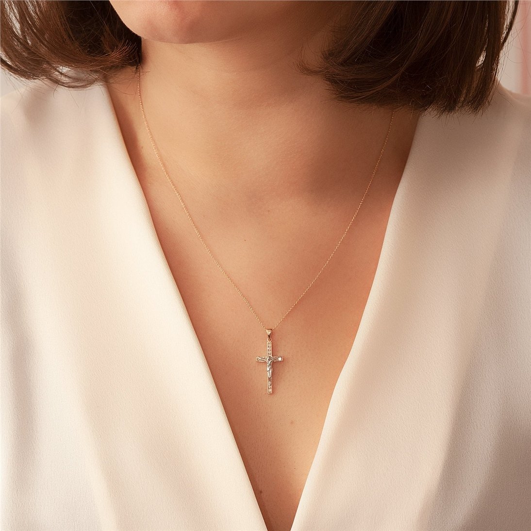 Goldstore-14K 18K Solid Gold Crucifix Cross Necklace, Elegant Real Solid Gold Jesus Cross Pendant is a Great Gift For Her Him, Gift For Christmas,