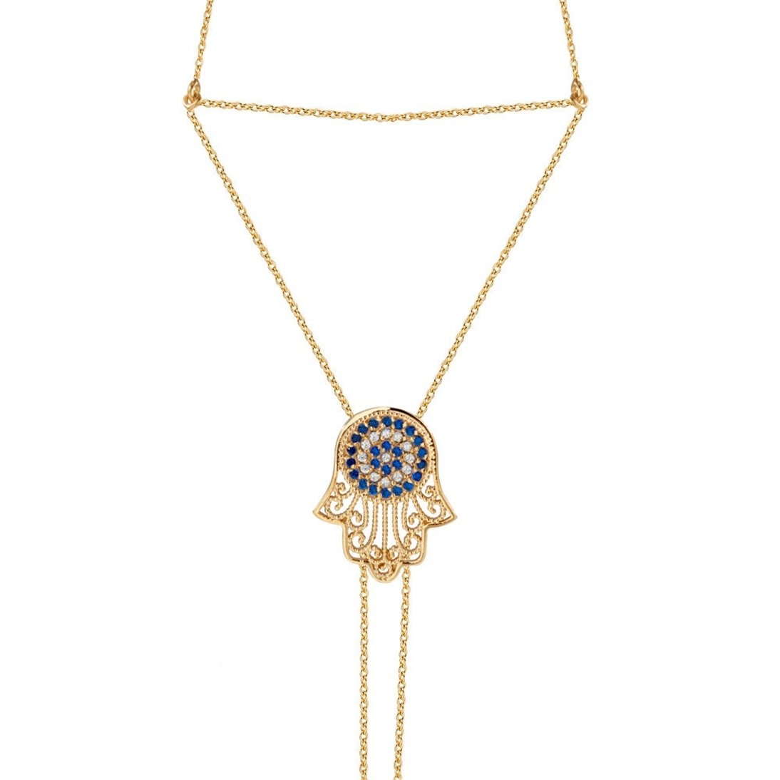 Goldstore-14K 18K Solid Gold Evil Eye Hamsa Sahmeran Bracelet, Fatima Hand Palm Chain Bracelet with Blue Eyes, Bridal Slave Bracelet Christmas Gift.