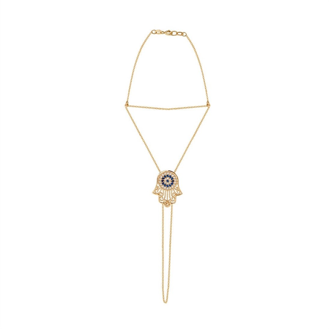 Goldstore-14K 18K Solid Gold Evil Eye Hamsa Sahmeran Bracelet, Fatima Hand Palm Chain Bracelet with Blue Eyes, Bridal Slave Bracelet Christmas Gift.