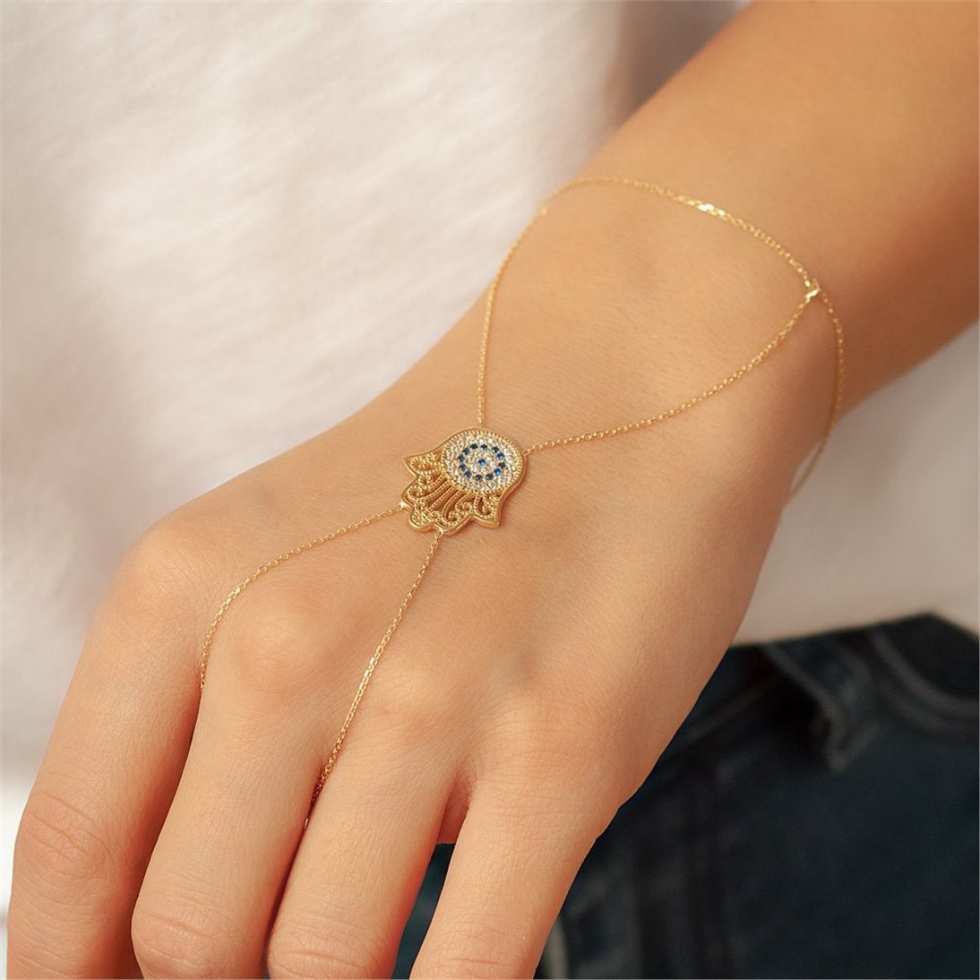 Goldstore-14K 18K Solid Gold Evil Eye Hamsa Sahmeran Bracelet, Fatima Hand Palm Chain Bracelet with Blue Eyes, Bridal Slave Bracelet Christmas Gift.