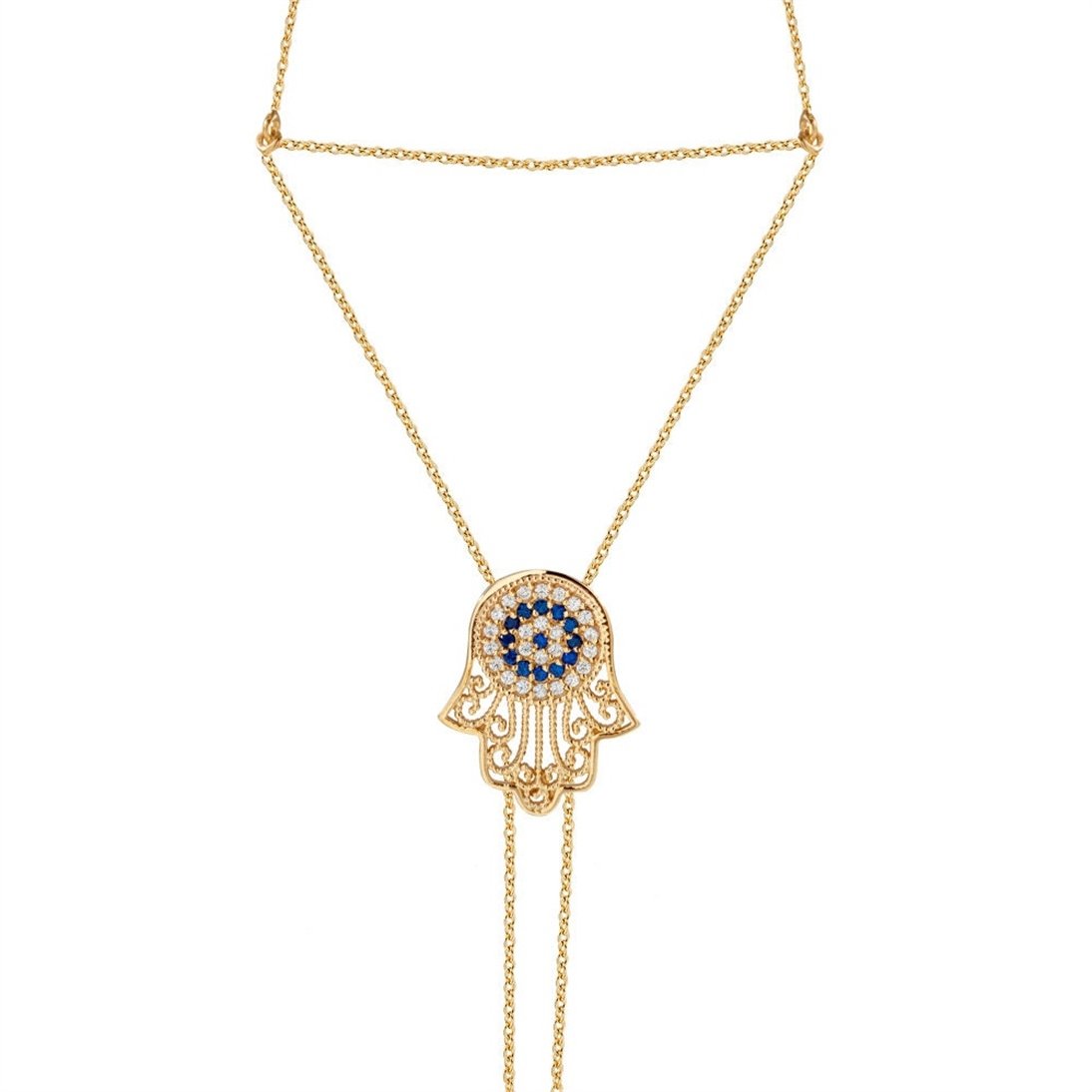Goldstore-14K 18K Solid Gold Evil Eye Hamsa Sahmeran Bracelet, Fatima Hand Palm Chain Bracelet with Blue Eyes, Bridal Slave Bracelet Christmas Gift.