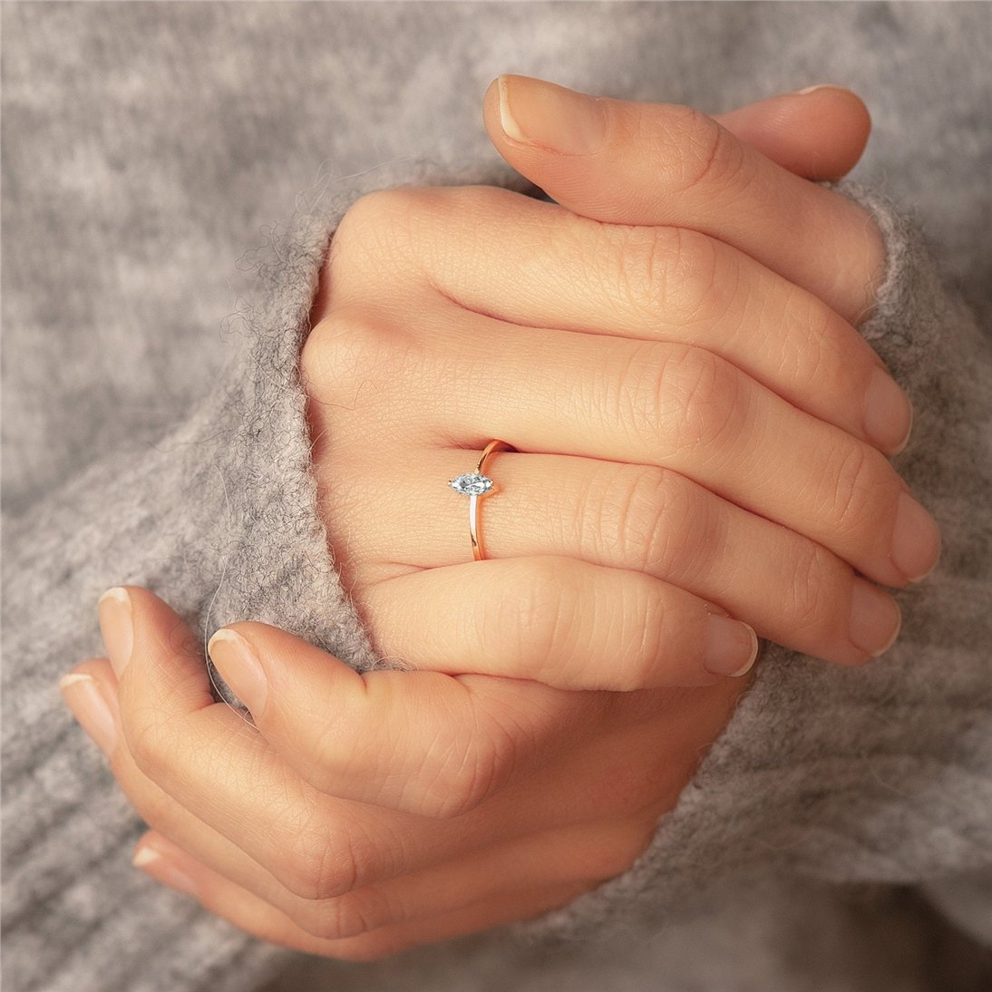 Goldstore-14K 18K Solid Gold Simple Marquise Ring, Dainty Natural Marquise Diamond or Gemstones Ring is a Great Gift For Her. Gift For Women
