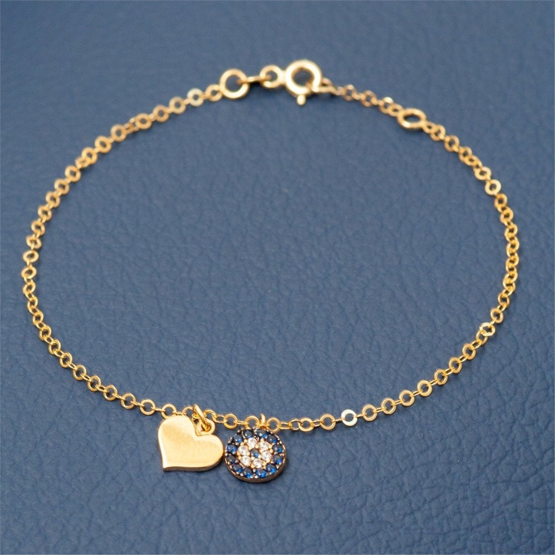 Goldstore-14k Gold Blue Evil Eye Chain Bracelet with Heart Charm, Dainty Evil Eye Heart Protection Bracelet is a Great Gift For Her. Gift For Women