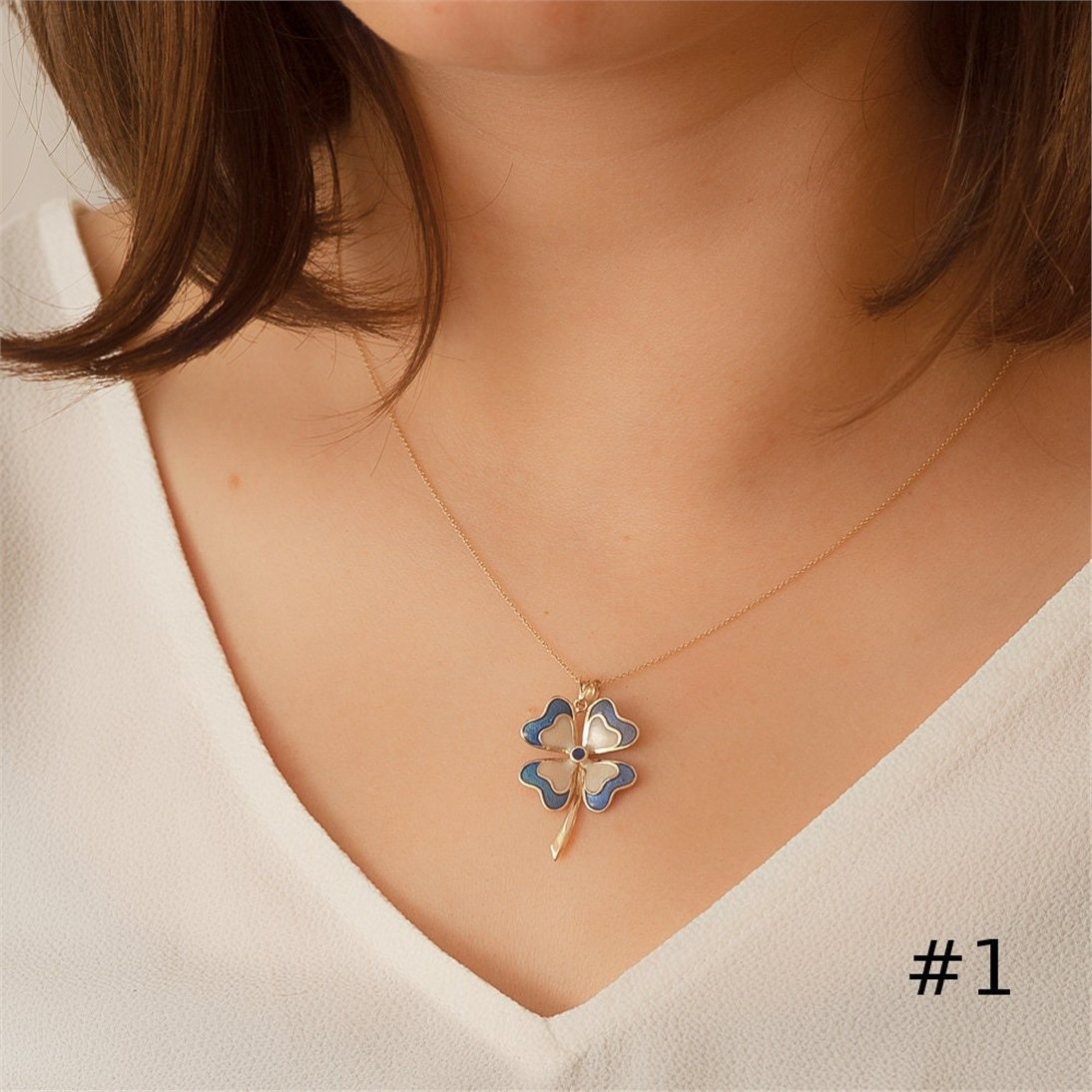 Goldstore-14k Gold Enamel 4 Leaf Clover Pendant, Solid Gold Colorful Enamel 4 Leaf Clover Pendant, Four Leaf Clover Pendant, Clover Lucky Necklace