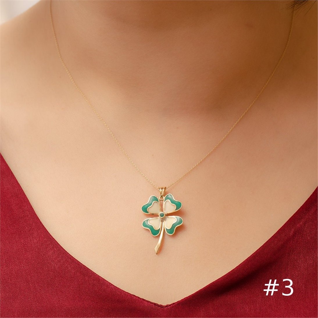 Goldstore-14k Gold Enamel 4 Leaf Clover Pendant, Solid Gold Colorful Enamel 4 Leaf Clover Pendant, Four Leaf Clover Pendant, Clover Lucky Necklace