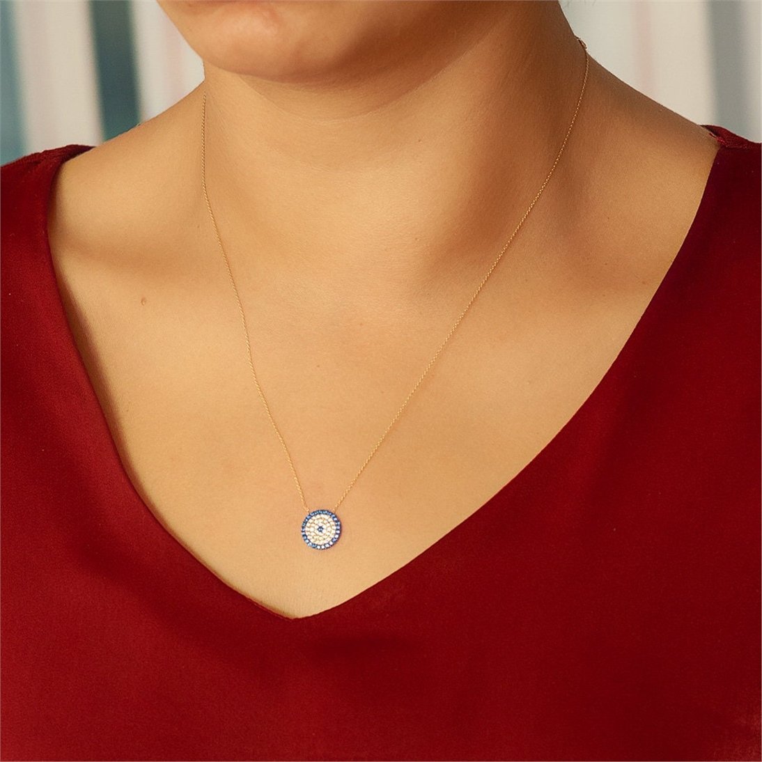 Goldstore-14k Solid Gold Evil Eye Necklace, Circular Shaped Yellow Gold Protection Necklace is a Great Gift For Her. Christmas Gift