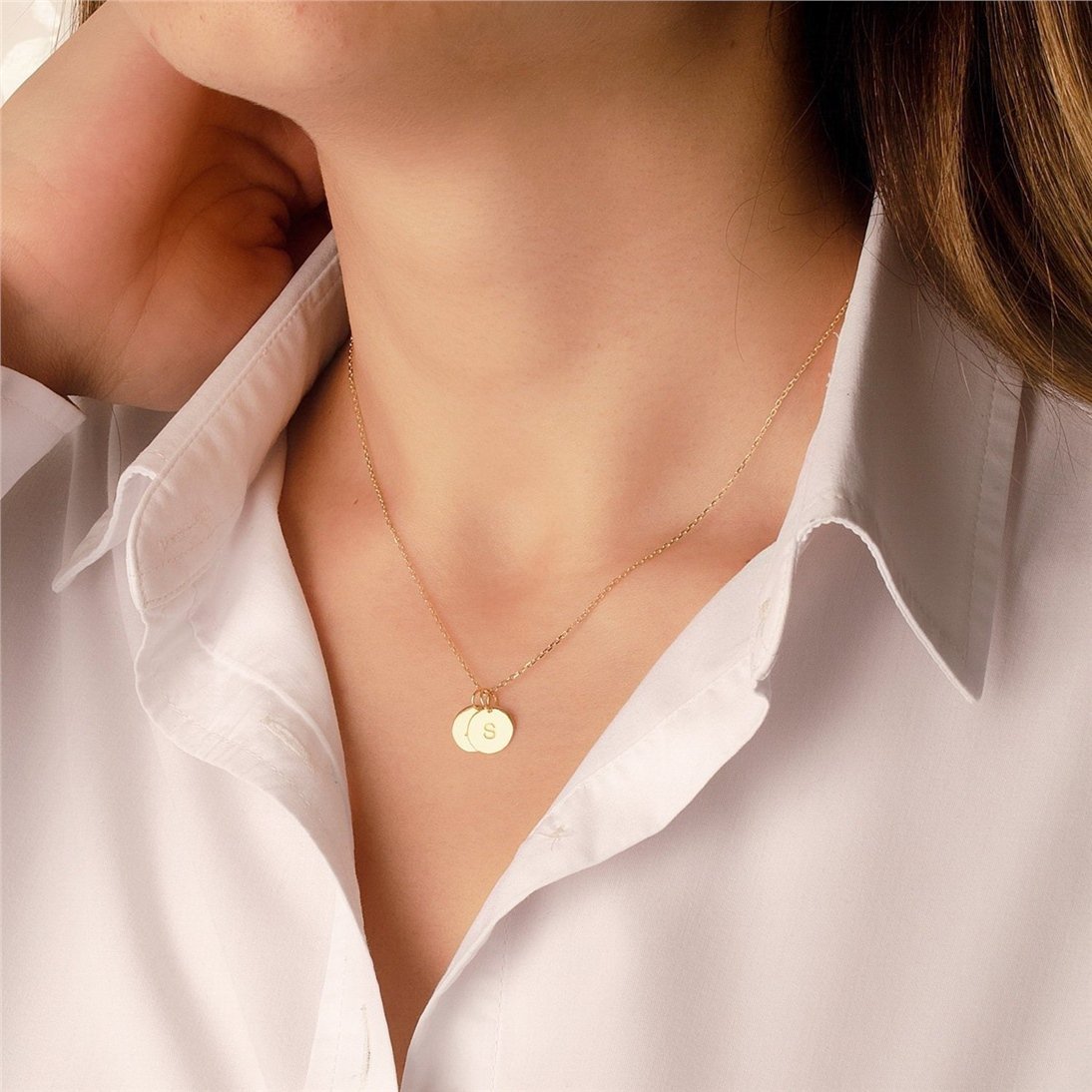 Goldstore-14K Solid Gold Minimal Initial Disk Necklace, Personalized Dainty lowercase or uppercase letter Pendant, Mothers Letter Disc Charm Necklace.