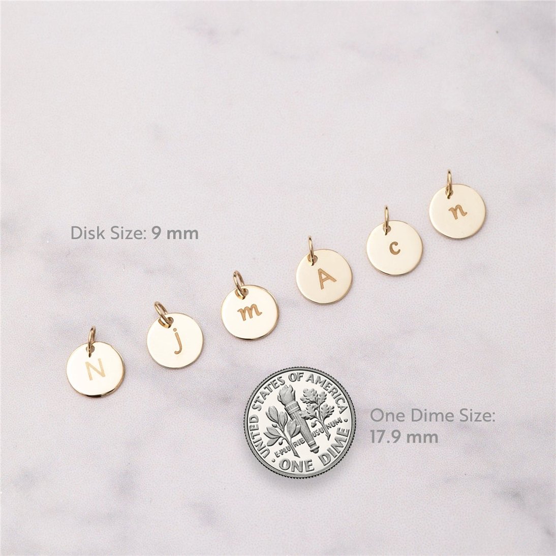 Goldstore-14K Solid Gold Minimal Initial Disk Necklace, Personalized Dainty lowercase or uppercase letter Pendant, Mothers Letter Disc Charm Necklace.
