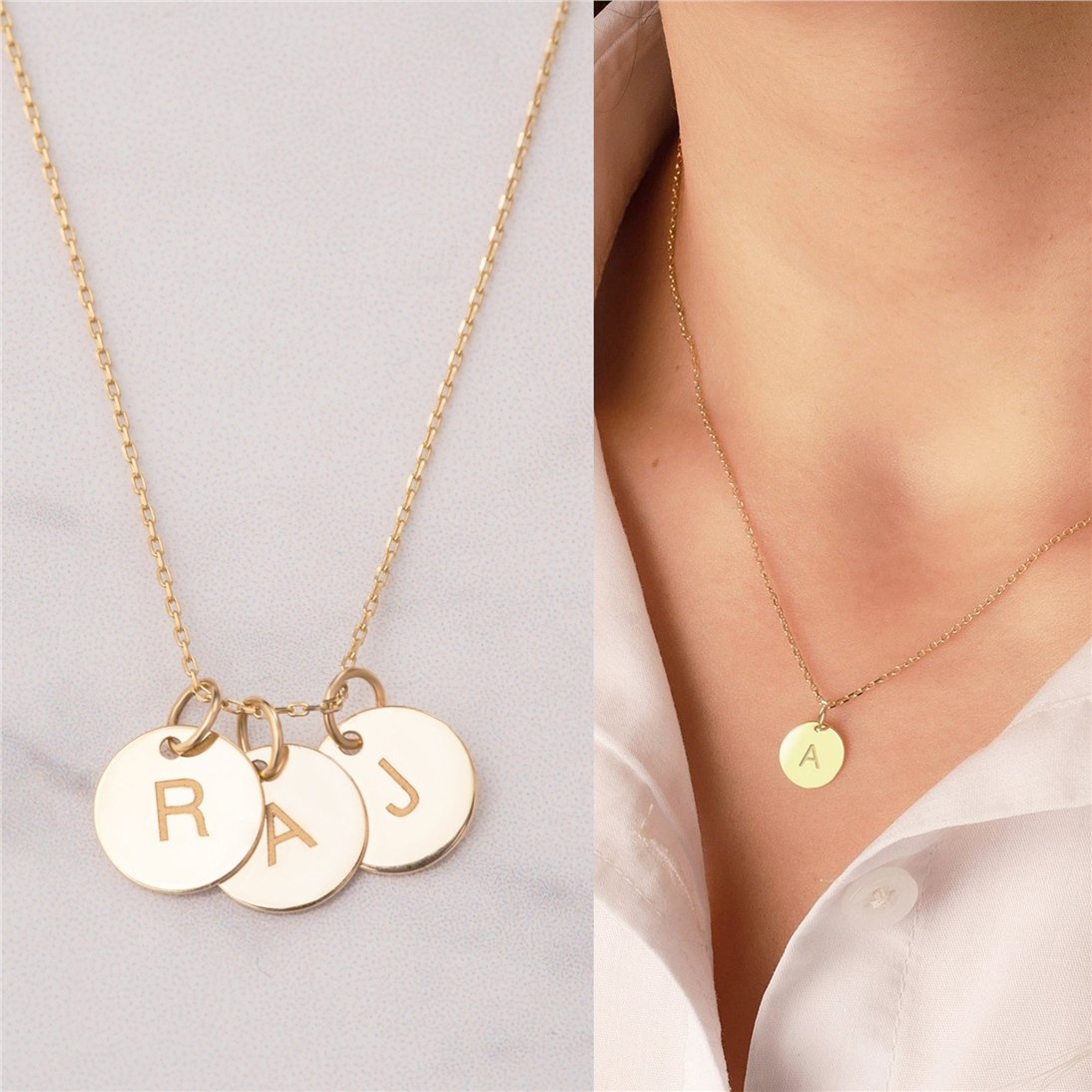Goldstore-14K Solid Gold Minimal Initial Disk Necklace, Personalized Dainty lowercase or uppercase letter Pendant, Mothers Letter Disc Charm Necklace.