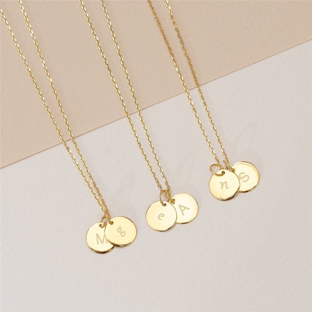 Goldstore-14K Solid Gold Minimal Initial Disk Necklace, Personalized Dainty lowercase or uppercase letter Pendant, Mothers Letter Disc Charm Necklace.